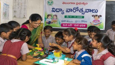 Government school students and teacher taking part in Telangana Education Week activities during a classroom learning session