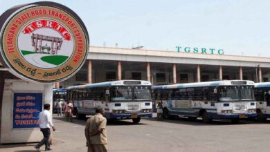 TGSRTC buses parked at a Telangana bus depot amid government plans to merge RTC employees into state administration
