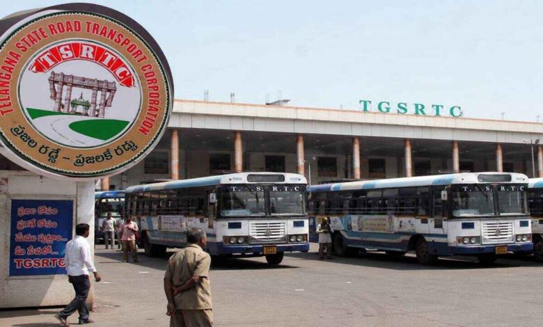 TGSRTC buses parked at a Telangana bus depot amid government plans to merge RTC employees into state administration