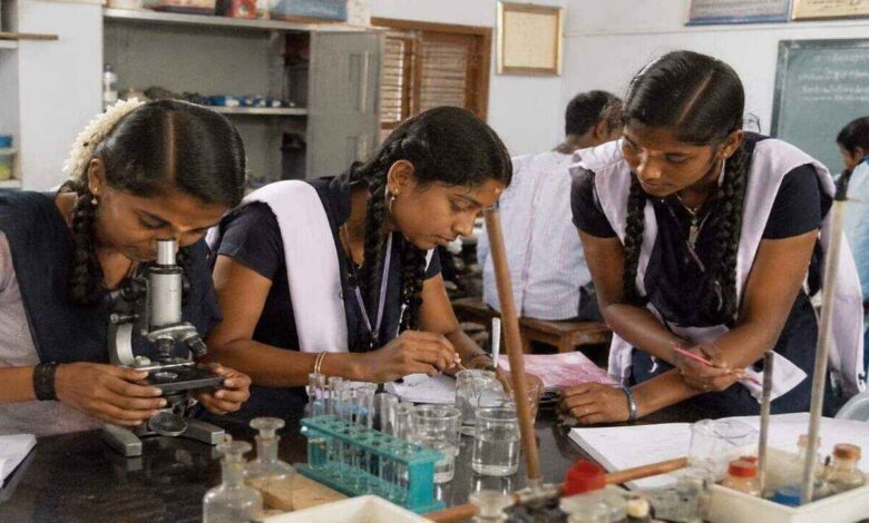 Intermediate students performing science practical experiments in a laboratory under Telangana education reform plans