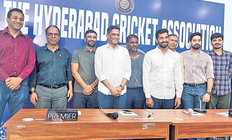 Officials and former cricketers announce the Telangana Premier League and player selection process at Rajiv Gandhi International Cricket Stadium in Hyderabad