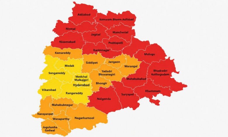 Heatwave alert map showing high temperature warning zones across Telangana as several districts prepare for severe weather conditions until May 21.