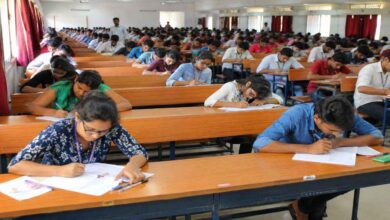 Students writing TS EAPCET 2026 engineering entrance examination inside a crowded exam hall in Telangana