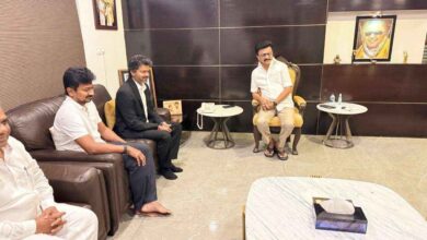Tamil Nadu Chief Minister Vijay meeting former CM MK Stalin at his Chennai residence after MLA oath ceremony with Udhayanidhi Stalin present.