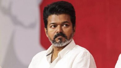 Actor Vijay addressing supporters during Tamil Nadu election campaign as TVK gains strong lead